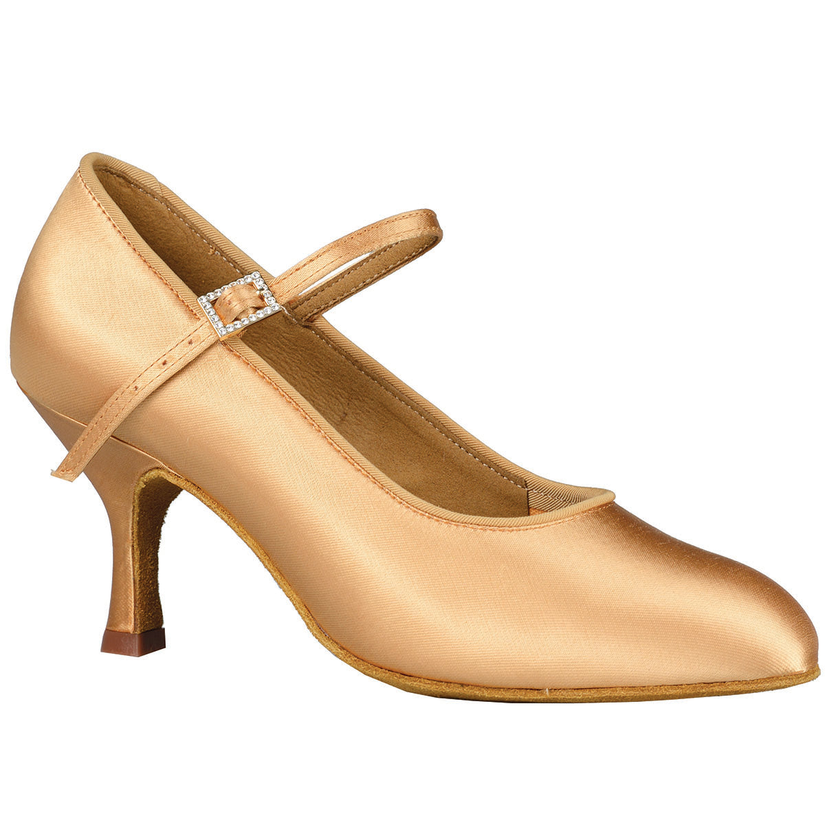 Brooklyn  The Brooklyn ballroom dance pumps offer a classic design with a wide and comfort fit. Available in 2 and 2.5" heel options, these light tan satin shoes are designed for both style and comfort. Perfect for any ballroom dancer looking to elevate their performance. picture with 2.5" heel