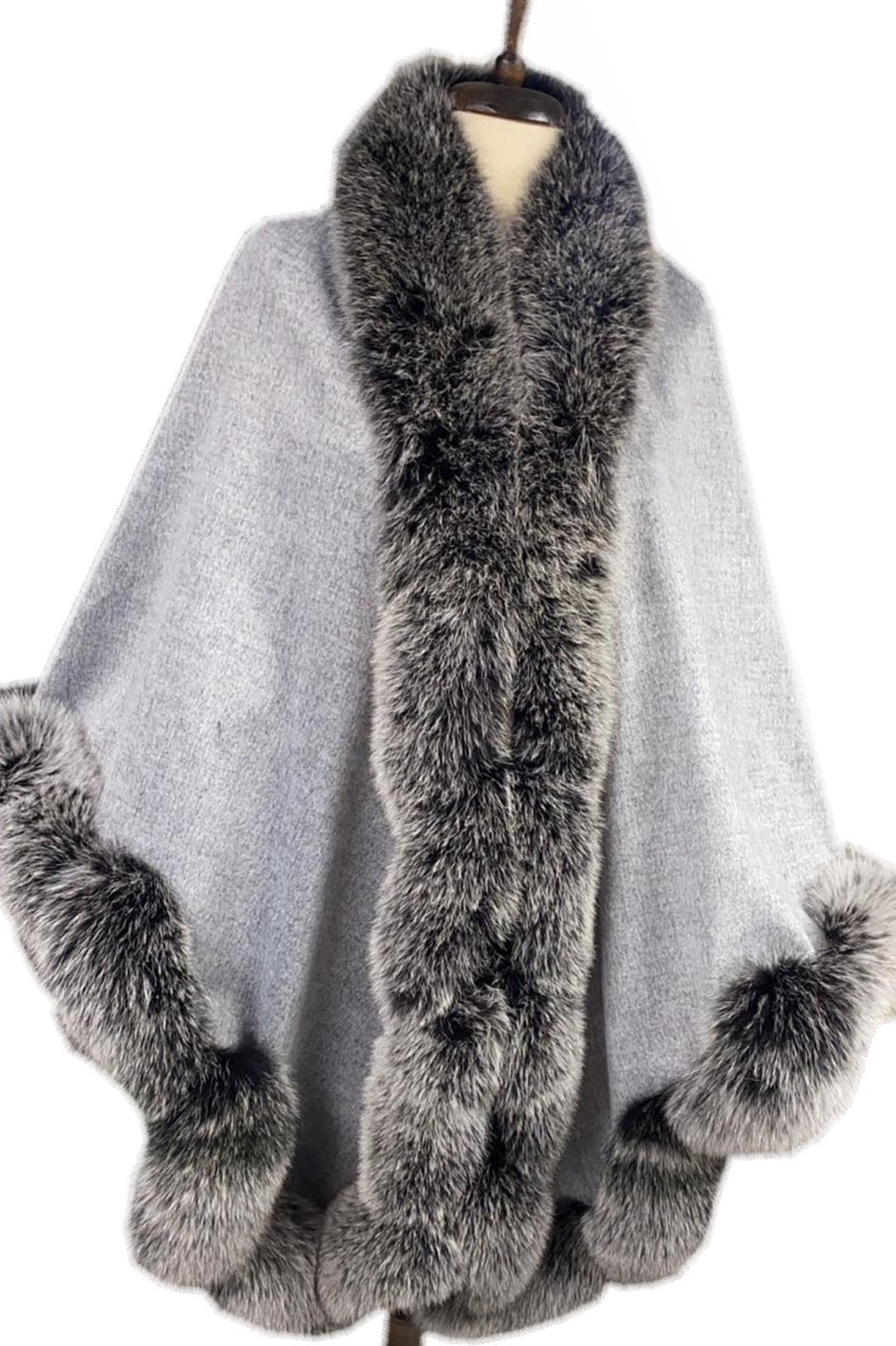 Dance America Gray alpaca and fox fur cape for women with rich detail and classic style