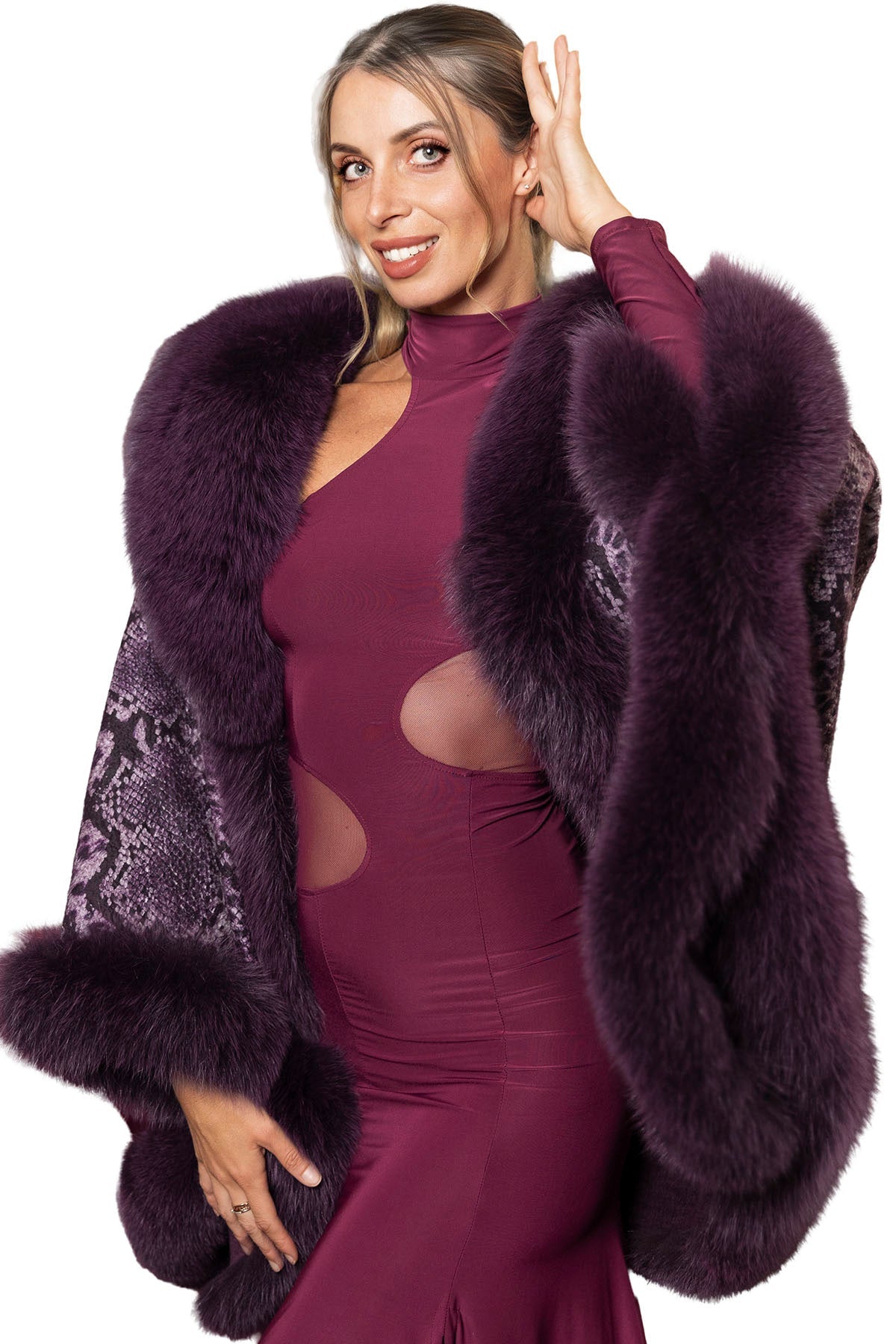 Women’s ballroom performance cape made of alpaca and fox fur with wide collar