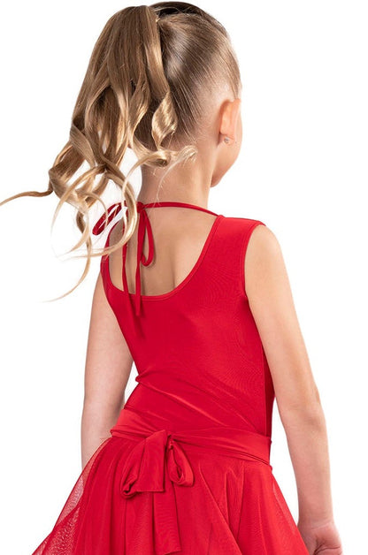 This regulation girls' bodysuit features a sleeveless design and interchangeable skirts, making it versatile and practical for dancers. Made with 95% Poly and 5% Spandex, it resists wrinkles and is perfect for travel. Designed by dancers for dancers, it can easily transition from practice to competition. In stock and ready to ship, with a production time of 7-10 business days for out-of-stock items. pictured in red