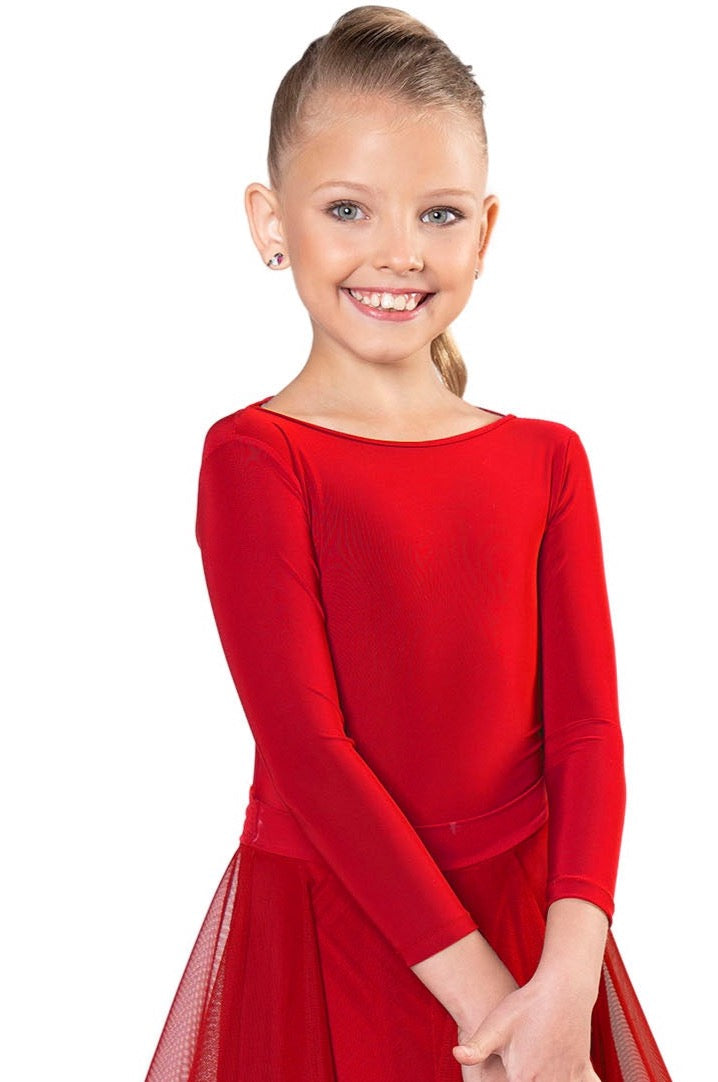 Introducing JR - B2 Girls Leotard with Lycra Sleeves! This regulation leotard features interchangeable skirts and is designed by dancers for dancers. Made with 95% Poly, 5% Spandex, it's wrinkle-free and perfect for practice or competition. In stock or custom-made within 7-10 business days. pictured in red