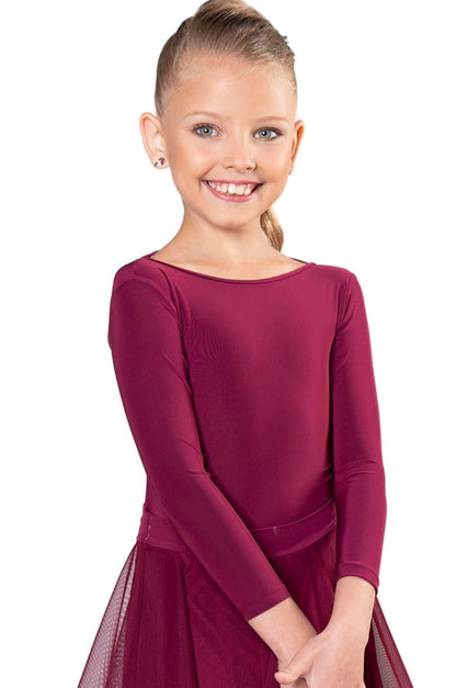 Introducing JR - B2 Girls Leotard with Lycra Sleeves! This regulation leotard features interchangeable skirts and is designed by dancers for dancers. Made with 95% Poly, 5% Spandex, it's wrinkle-free and perfect for practice or competition. In stock or custom-made within 7-10 business days. pictured in wine