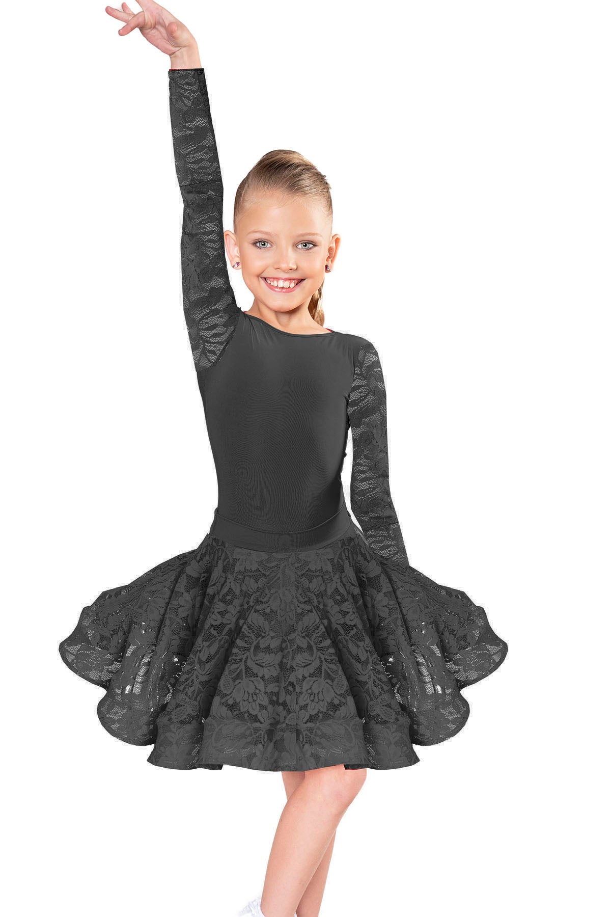 The JR - S1 Girls Lace Latin Skirt is a regulation skirt designed for young dancers. Its adjustable back bow adds a touch of elegance and versatility. Pair it seamlessly with interchangeable girl's leotards. With 95% Poly and 5% Spandex, it is travel-friendly and wrinkle-resistant for all-day wear. Designed by dancers for dancers, it's perfect for both practice and competition. Production time is only 7-10 business days if an item is not in stock. pictured in black