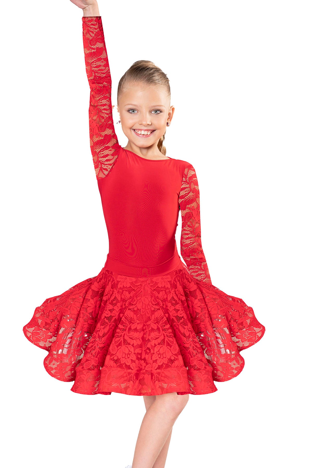 Introducing JR - B2 Girls Leotard with Lace Sleeves! This regulation leotard features interchangeable skirts and is designed by dancers for dancers. Made with 95% Poly, 5% Spandex, it's wrinkle-free and perfect for practice or competition. In stock or custom-made within 7-10 business days.pictured in red