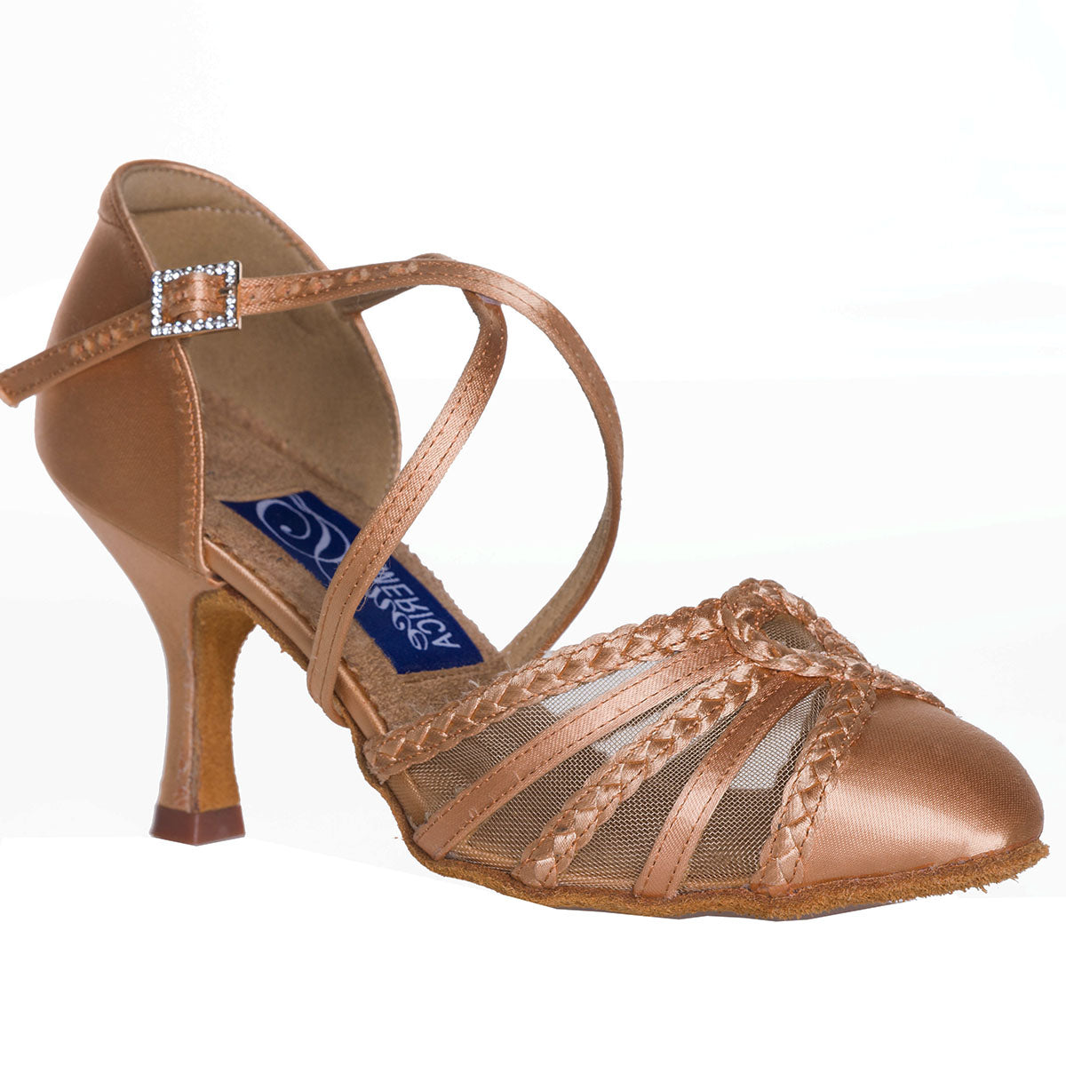 Introducing Charlotte with Rhinestones - the ultimate in comfort and fit. These smooth shoes provide unparalleled comfort, with a wide fit option to suit all foot types. Available in 2" and 2.5" heel heights, they offer both versatility and style for any event. Choose from light tan satin for that perfect finishing touch.