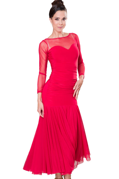 D206 Long Ruched Sweetheart Dress.  Made of 4 full circles of powermesh fabric, this dress not only flows beautifully on the dance floor but also accentuates your every turn. The ruched sweetheart neckline adds a touch of elegance, making you stand out from the crowd. red