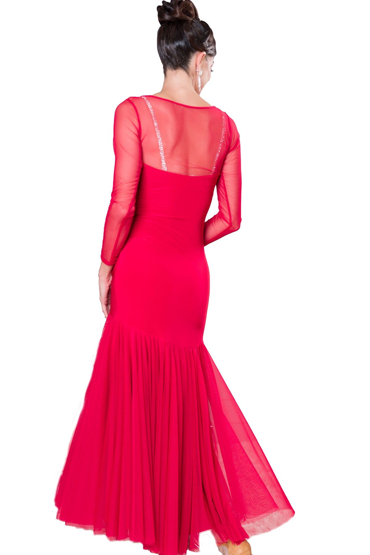 D206 Long Ruched Sweetheart Dress.  Made of 4 full circles of powermesh fabric, this dress not only flows beautifully on the dance floor but also accentuates your every turn. The ruched sweetheart neckline adds a touch of elegance, making you stand out from the crowd. red