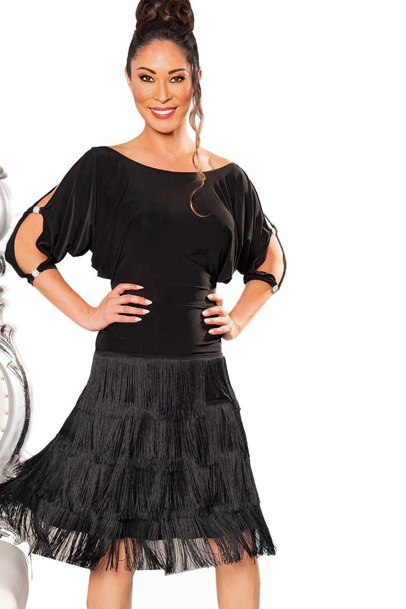 Introducing the D208 Blouson Fringe Dress - a modest dress with eye-catching fringe details that add a touch of whimsy and movement to your look. This dress will make you stand out while still maintaining a classic and elegant style.&nbsp; black