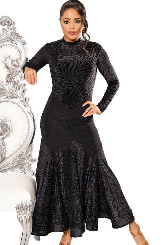 This stunning D210 Long Angelica Dress will have you feeling like a goddess in soft velvet with a turtleneck design. The elegant and elongating silhouette of this long dress adds a touch of sophistication and glamour to any occasion. black