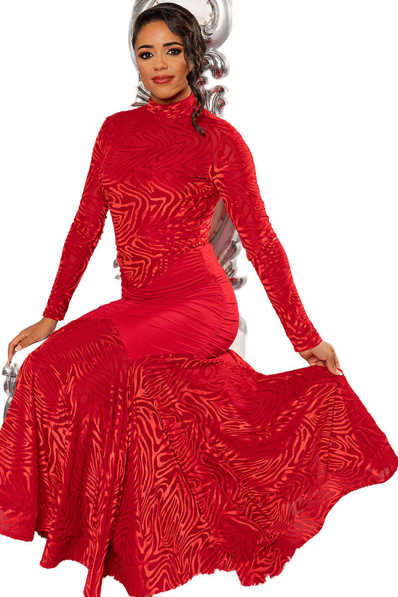 This stunning D210 Long Angelica Dress will have you feeling like a goddess in soft velvet with a turtleneck design. The elegant and elongating silhouette of this long dress adds a touch of sophistication and glamour to any occasion. red