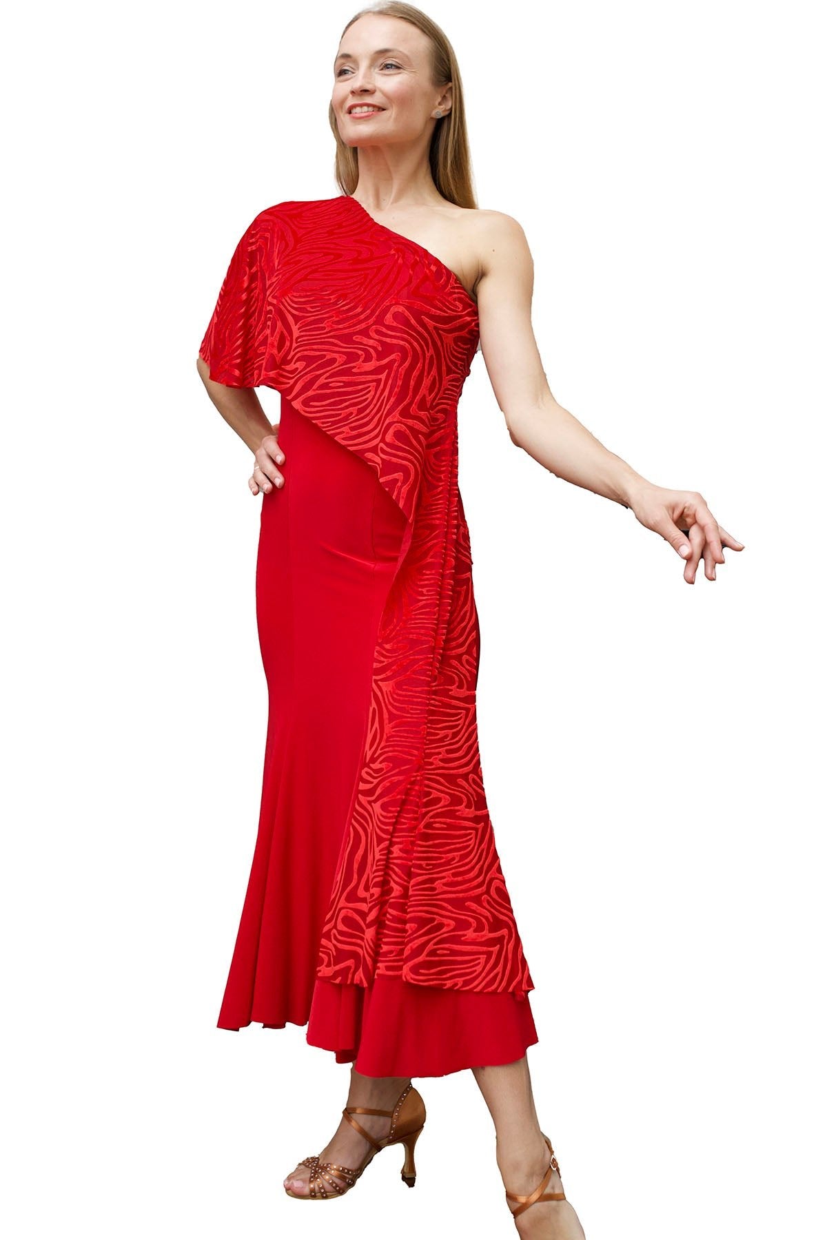 D214 Short 1 - Shoulder Sheath Dress with Velvet Float - Dance America