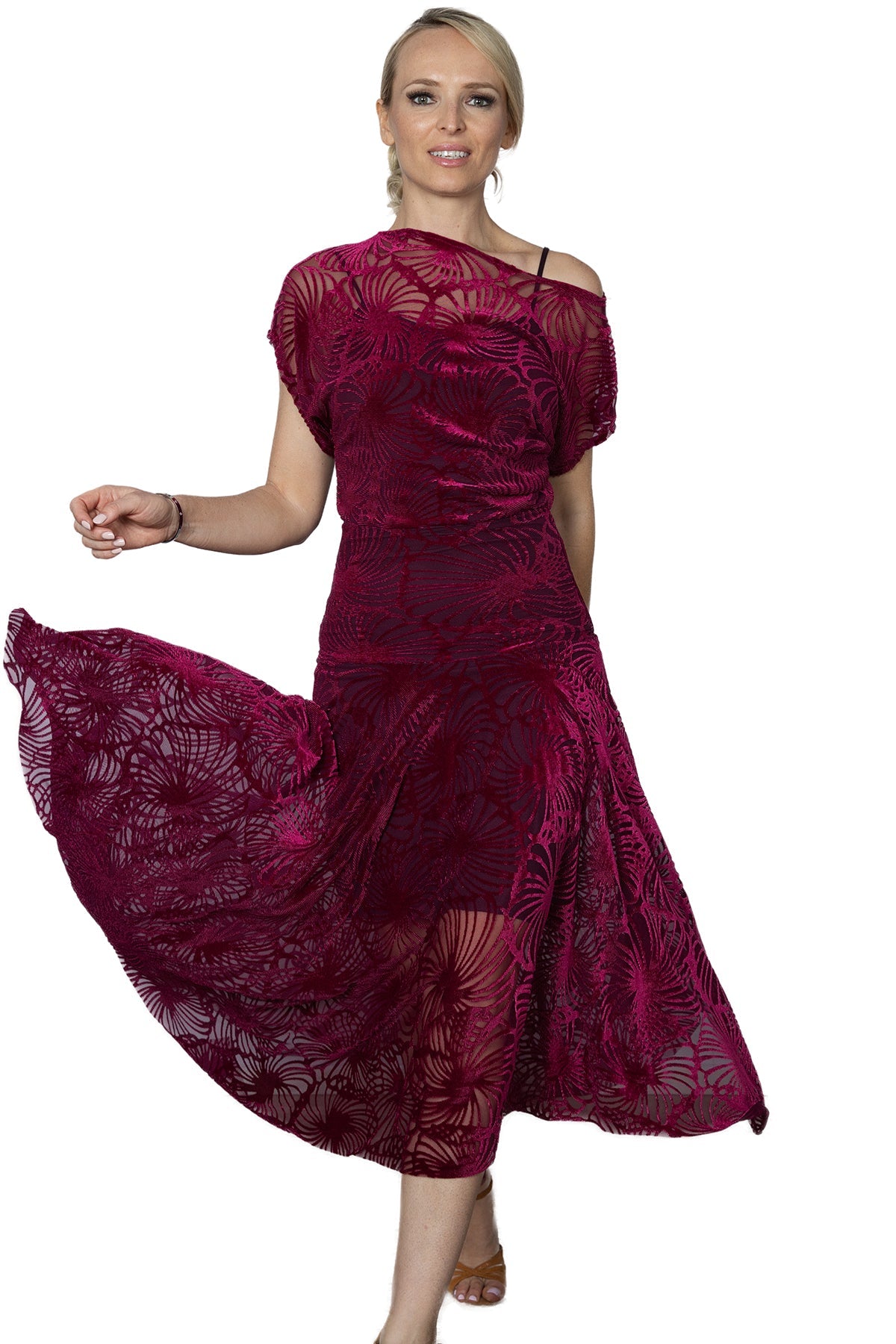 D2412 Long Blouson Burnout Velvet Dress - Dance America