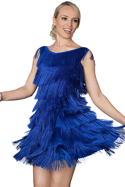 D2422 Full Fringe Dress  Indulge in luxury with our D2422 Full Fringe Dress. The top and full skirt is adorned with our exclusive 6 inch stretchable Fringe, creating a mesmerizing visual and a dress that moves effortlessly. Elevate your style with this unique and elegant piece. blue