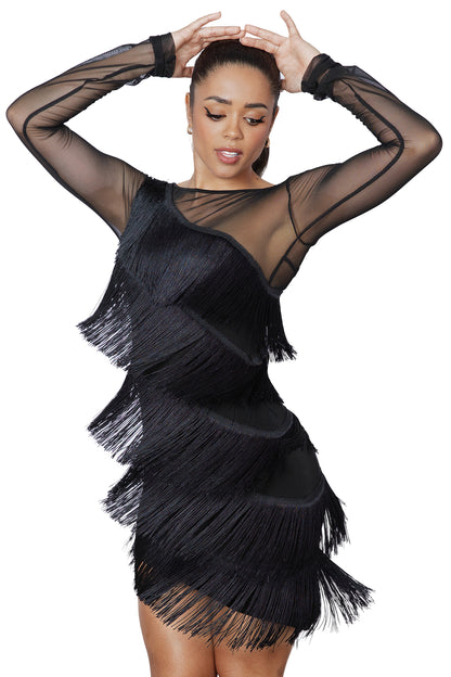 Unleash your rhythm and latin dancing skills with D2421, the ultimate short dress featuring diagonal fringe and power mesh inset. Move with ease and elegance on the dance floor while commanding attention with every step. Get ready to turn heads and ignite your passion for dance! black