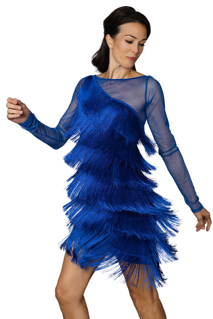 Unleash your rhythm and latin dancing skills with D2421, the ultimate short dress featuring diagonal fringe and power mesh inset. Move with ease and elegance on the dance floor while commanding attention with every step. Get ready to turn heads and ignite your passion for dance! blue