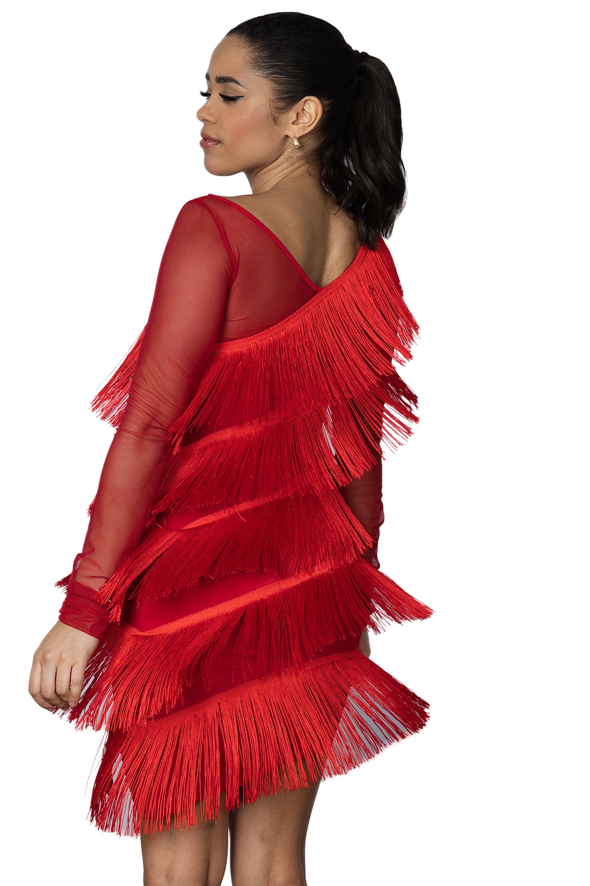 Unleash your rhythm and latin dancing skills with D2421, the ultimate short dress featuring diagonal fringe and power mesh inset. Move with ease and elegance on the dance floor while commanding attention with every step. Get ready to turn heads and ignite your passion for dance! red