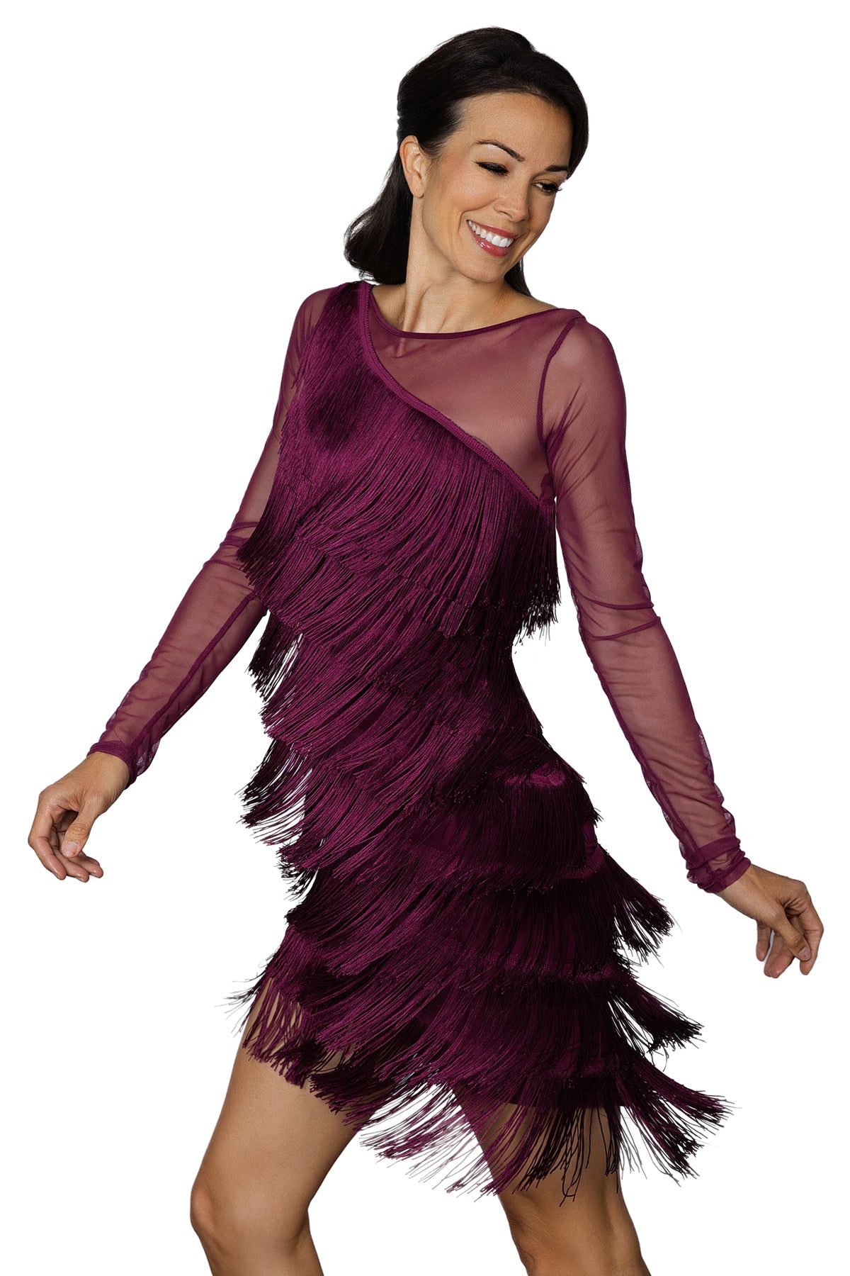 D2421  Unleash your rhythm and latin dancing skills with D2421, the ultimate short dress featuring diagonal fringe and power mesh inset. Move with ease and elegance on the dance floor while commanding attention with every step. Get ready to turn heads and ignite your passion for dance! wine