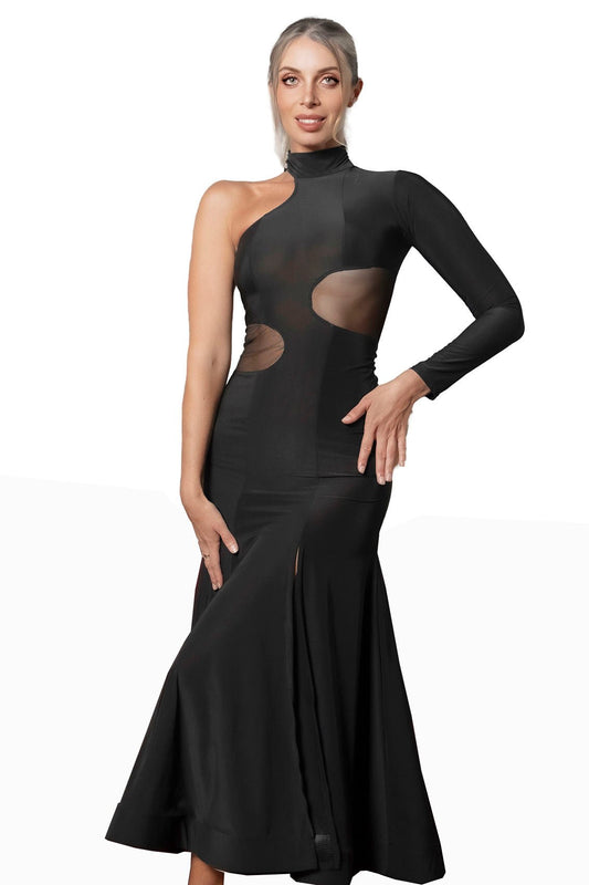 D2451 Long Cutout Smooth Dress with Mesh Insets - Dance America