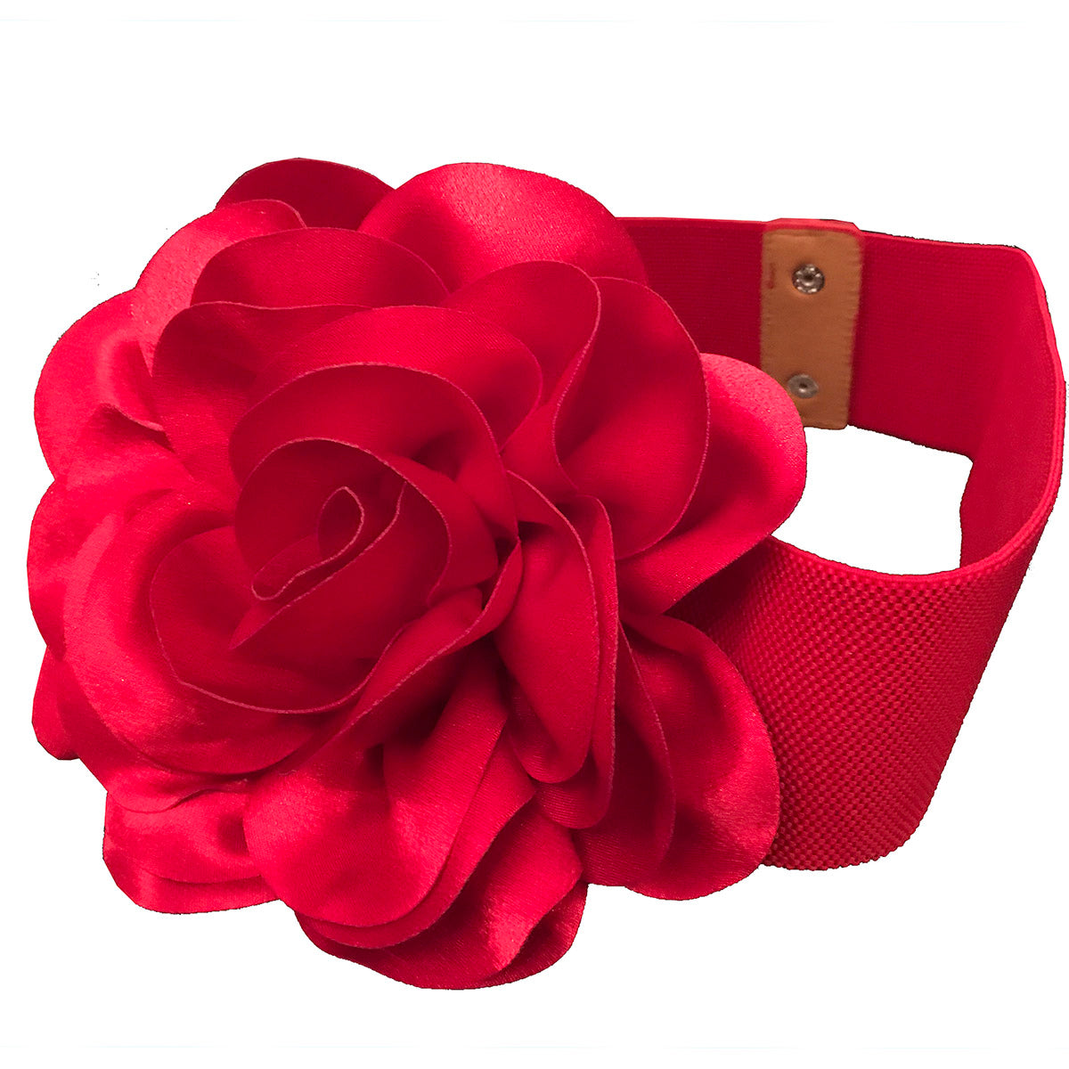 Enhance your Dance America Attire look with the B001 - SILK FLOWER ELASTIC BELT. The matching elastic belt features a large silk flower, adding a touch of elegance to your outfit. Perfect for any performance or event, this belt will elevate your style. pictured in red