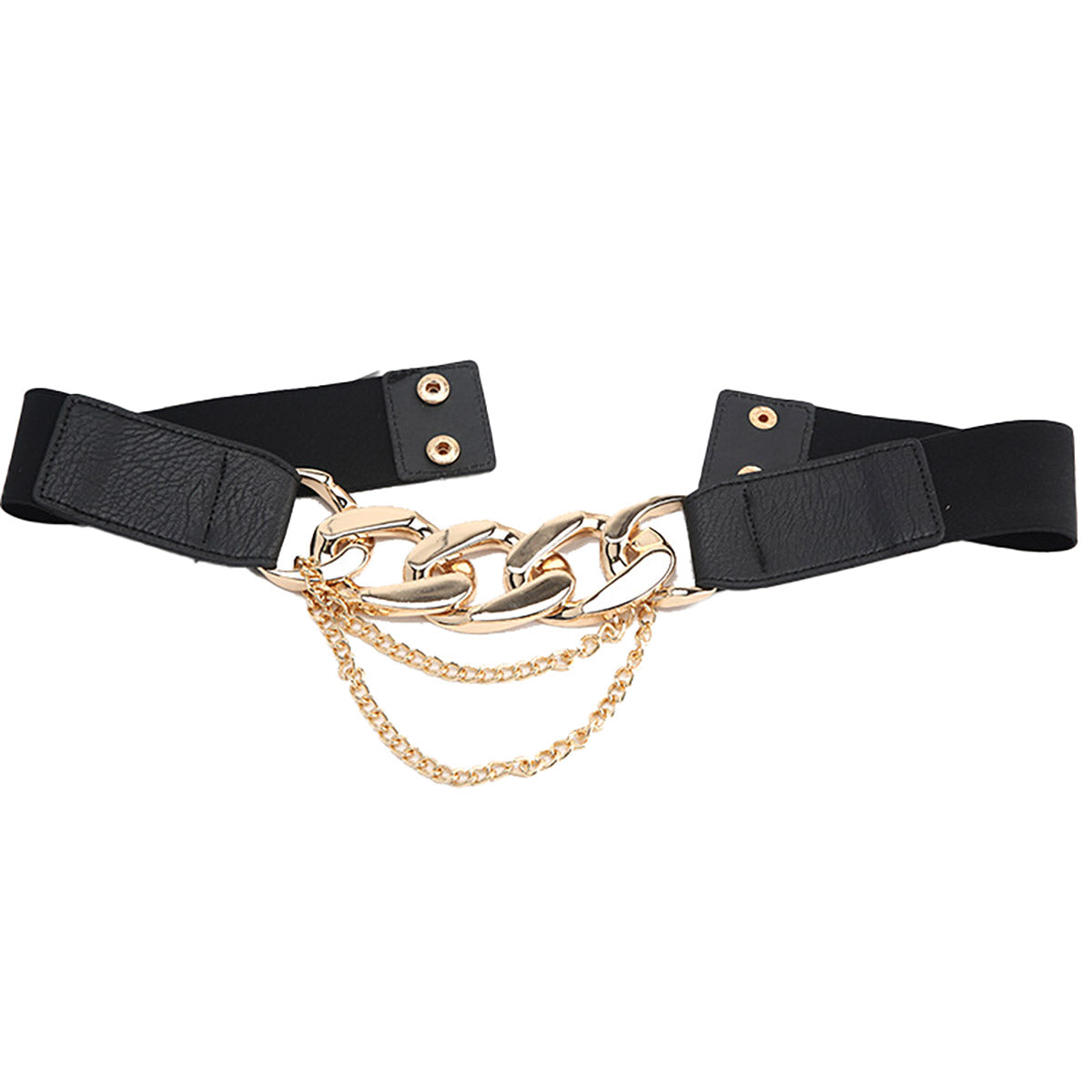 This B005 - CHAIN BELT is designed to perfectly accent your Dance America Attire ensemble. With a 3 link belt and small chain accent drape, it offers a unique and stylish addition to your outfit. The elastic belt also provides a comfortable fit, ranging from 26"-38". Elevate your look with this versatile accessory.