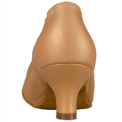 Introducing Helena, the Ballroom shoe that feels like a slipper! Made with elasticized leather and a soft knit topline, it offers hours of comfort for teaching, practice, and even competitions. Say goodbye to uncomfortable shoes and hello to dancing with ease. tan 2 heel