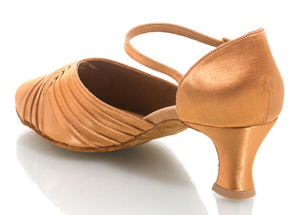 R346  Introducing the R346, one of our top-selling shoes! Handcrafted in Portugal, its soft molded toe box and padded interior provide ultimate comfort. The attractive pleating design adds a touch of style. Upgrade your footwear game with the R346! Tan Satin 2" wide heel