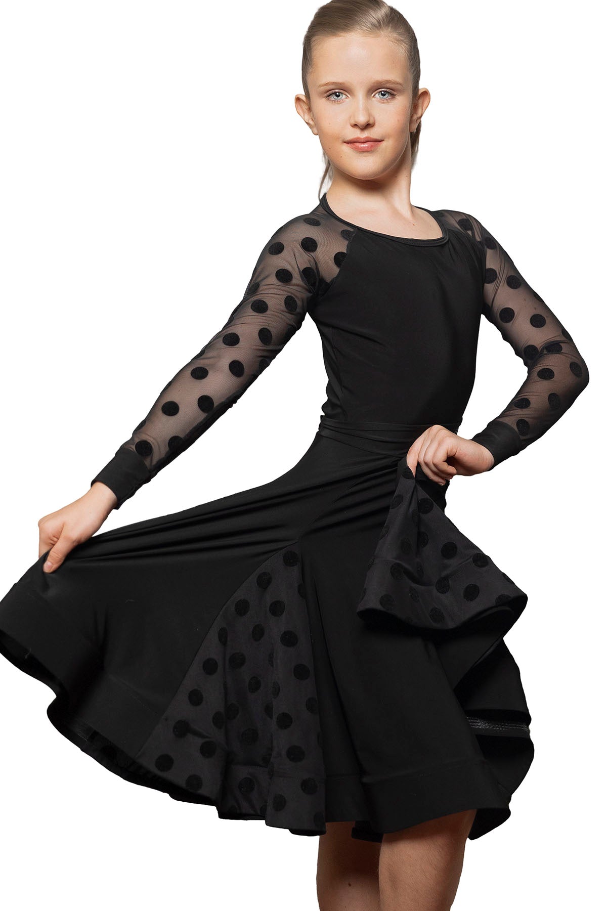 Dance America JR-B4 girls black mesh sleeve customizable leotard designed for ballroom and Latin dance