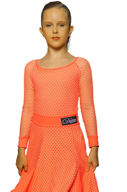 Dance America JR-B5 girls customizable orange mesh overlay leotard designed for ballroom dance