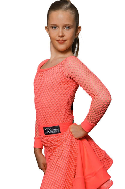 Dance America JR-B5 girls customizable orange mesh overlay leotard for young ballroom dance competitors