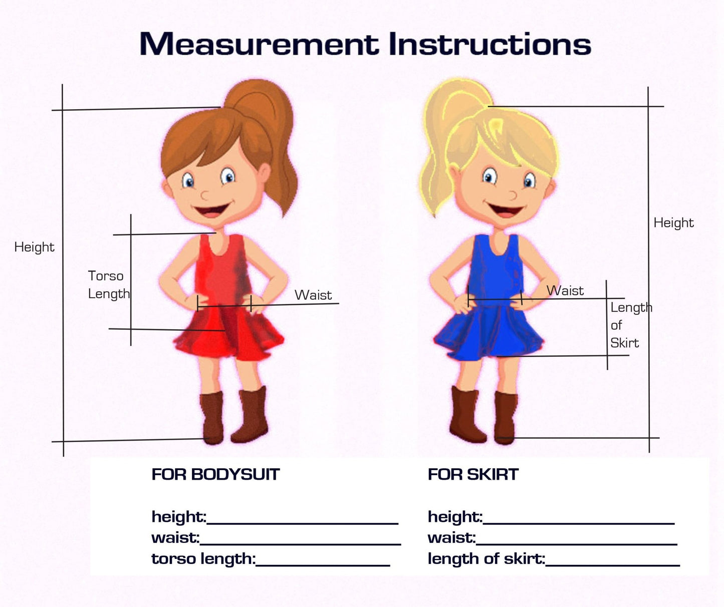Dance America girls bodysuit and skirt measurement guide for dancewear fitting