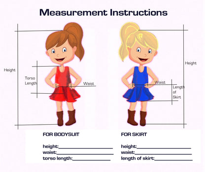 Dance America girls bodysuit and skirt measurement guide for dancewear fitting