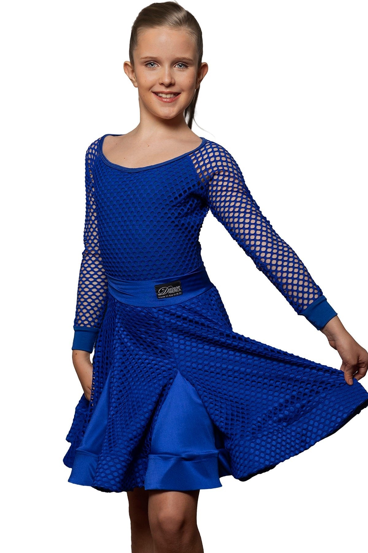 Dance America JR-S4 girls blue mesh with godet customizable skirt for Latin ballroom dance