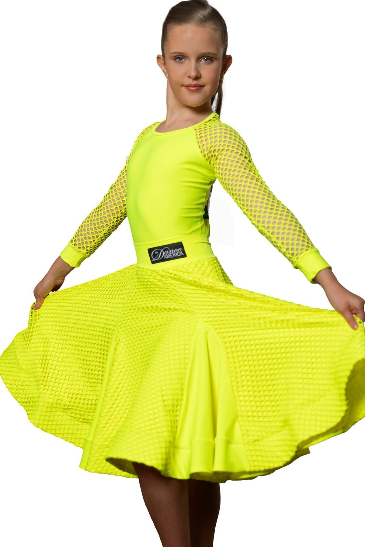 Dance America JR-S4 girls yellow mesh with godet customizable skirt for ballroom dance practice