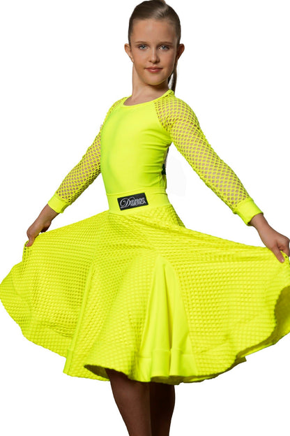 Dance America JR-S4 girls yellow mesh with godet customizable skirt for ballroom dance practice
