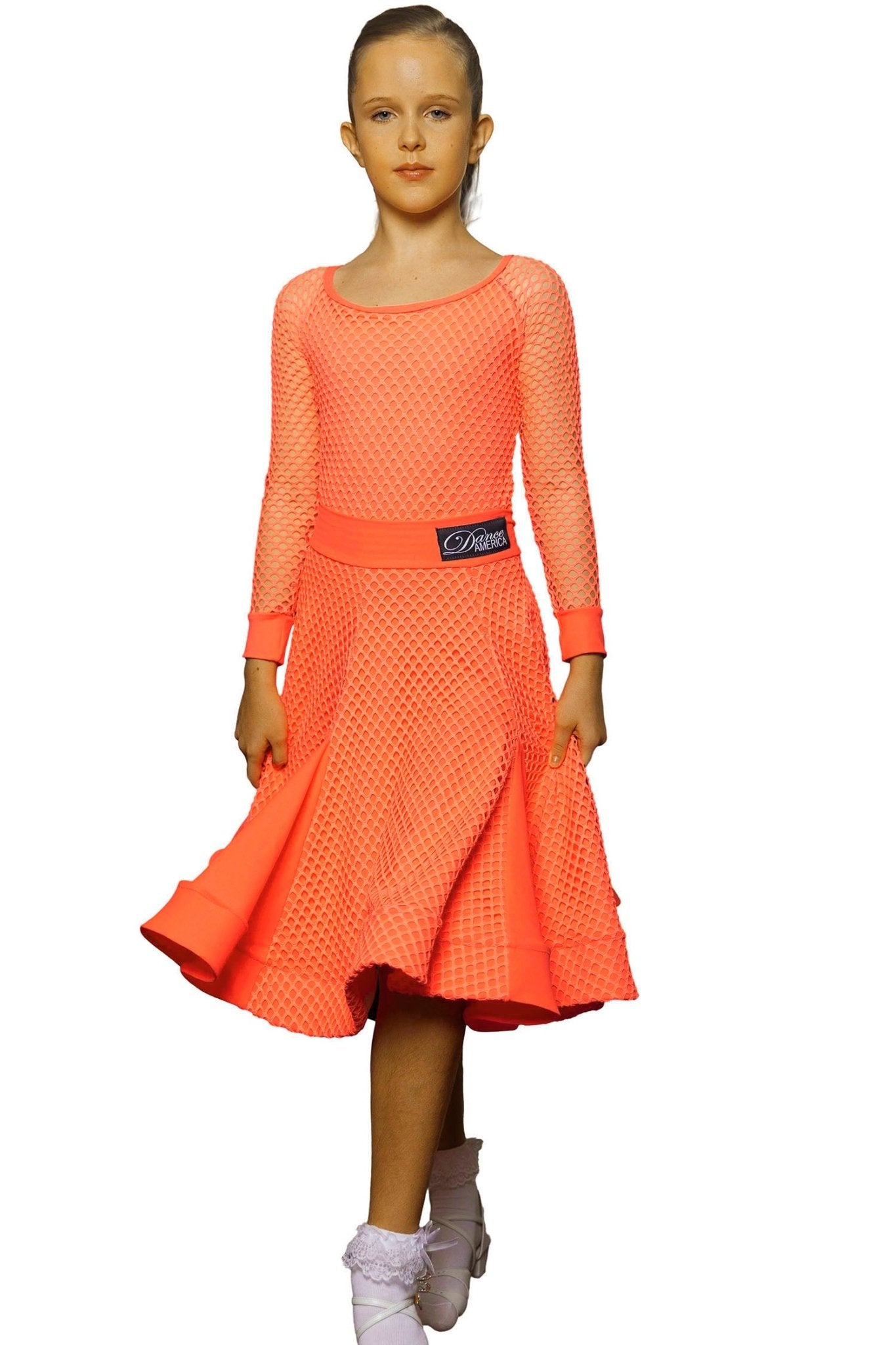 Dance America JR-S4 girls orange mesh with godet customizable skirt ideal for ballroom dance routines
