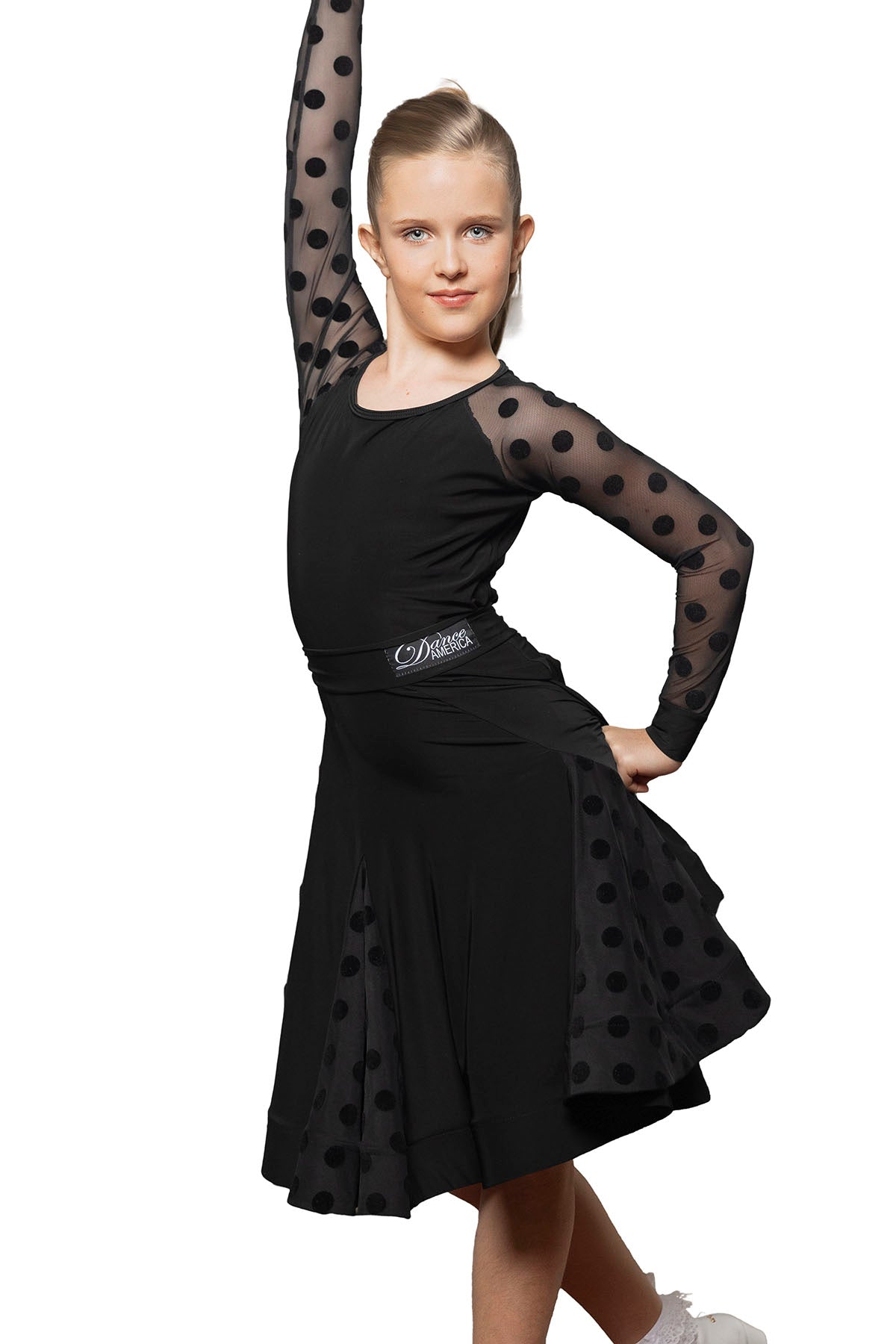 Dance America JR-S4 girls black mesh with godet customizable Latin skirt for elegant ballroom performances