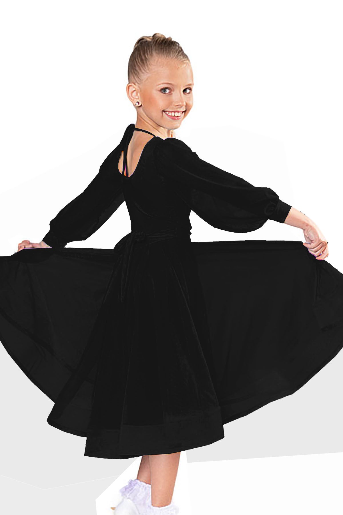 Introducing the JR - B3 Girls Leotard, perfect for ballroom dance performances. This leotard features Power mesh puff sleeves, providing flexibility and comfort for all routines. Look confident and polished in this must-have piece for any young ballroom dancer.black