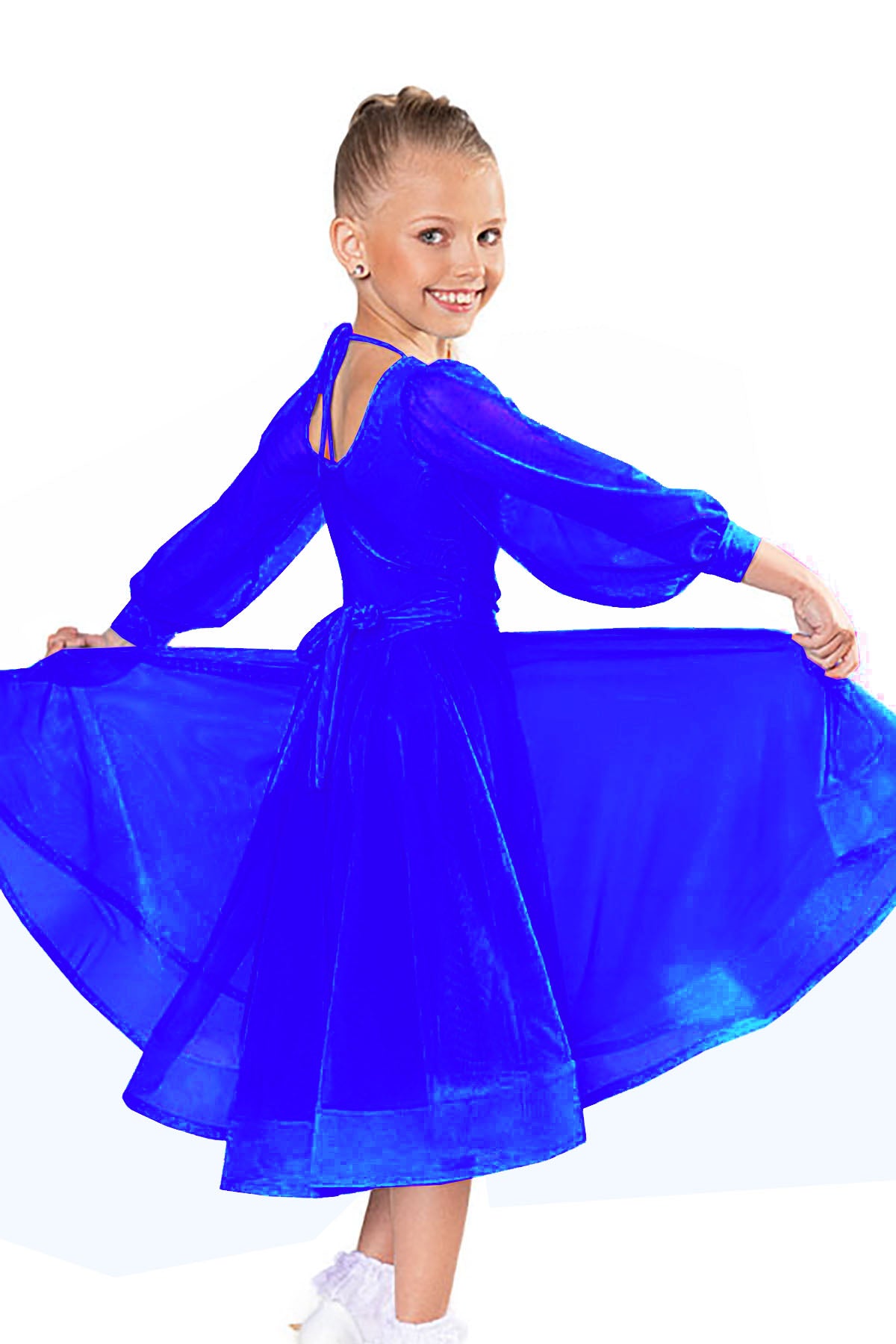 Introducing the JR - B3 Girls Leotard, perfect for ballroom dance performances. This leotard features Power mesh puff sleeves, providing flexibility and comfort for all routines. Look confident and polished in this must-have piece for any young ballroom dancer.blue