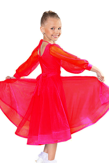 Introducing the JR - B3 Girls Leotard, perfect for ballroom dance performances. This leotard features Power mesh puff sleeves, providing flexibility and comfort for all routines. Look confident and polished in this must-have piece for any young ballroom dancer.red