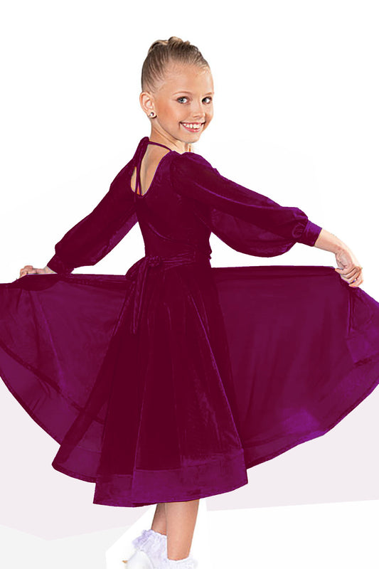 Introducing the JR - B3 Girls Leotard, perfect for ballroom dance performances. This leotard features Power mesh puff sleeves, providing flexibility and comfort for all routines. Look confident and polished in this must-have piece for any young ballroom dancer. wine