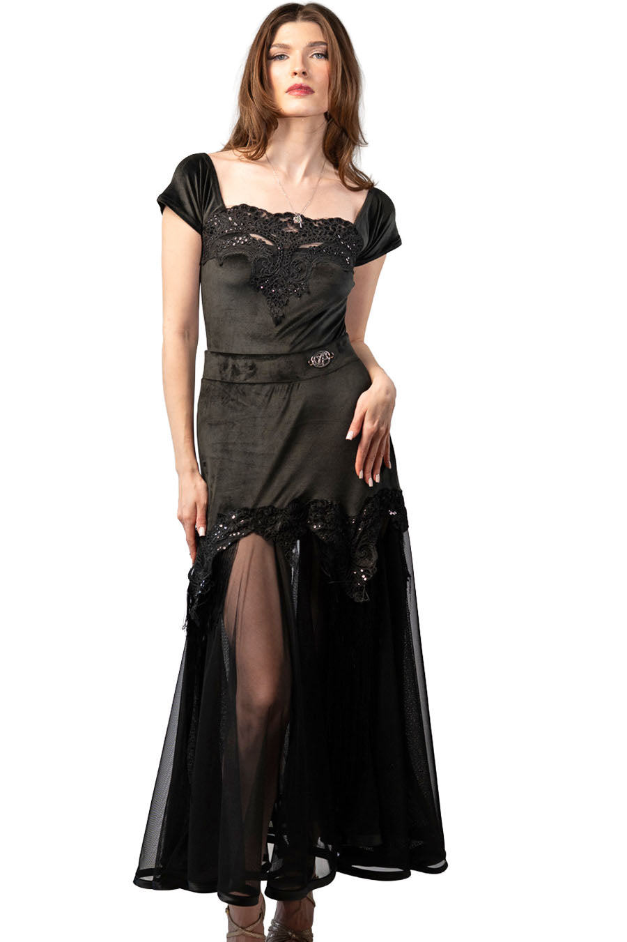 Long Black Velvet Skirt with Mesh and Sequins Decoration