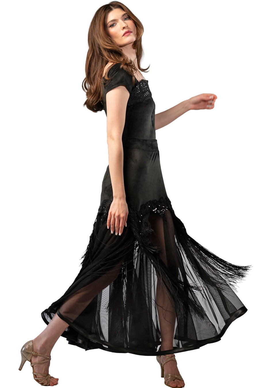 Long Black Velvet Skirt with Mesh and Sequins Decoration