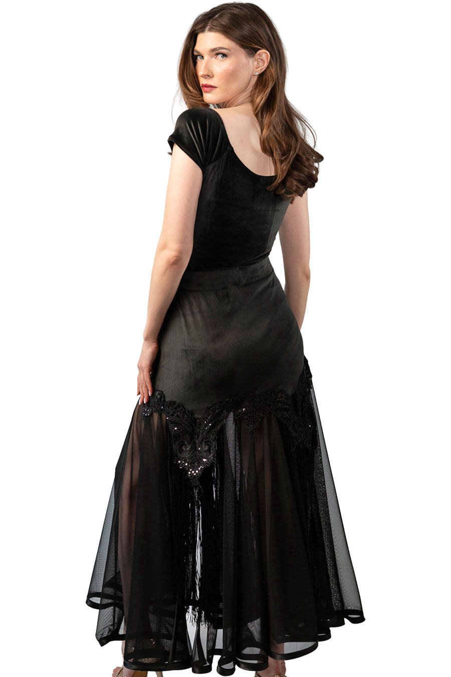 Long Black Velvet Skirt with Mesh and Sequins Decoration pictured from back
