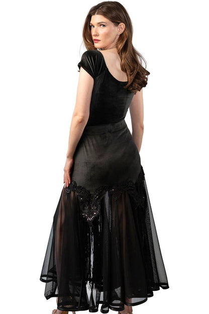 Long Black Velvet Skirt with Mesh and Sequins Decoration pictured from back