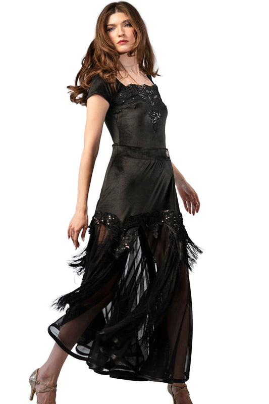 Long Black Velvet Skirt with Mesh and Sequins Decoration
