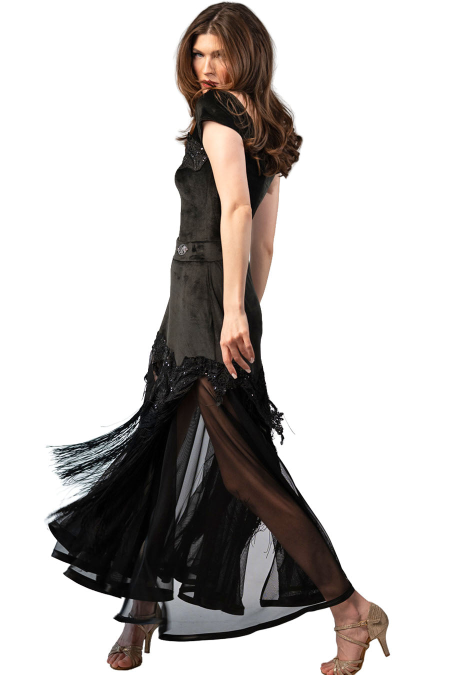 Long Black Velvet Skirt with Mesh and Sequins Decoration