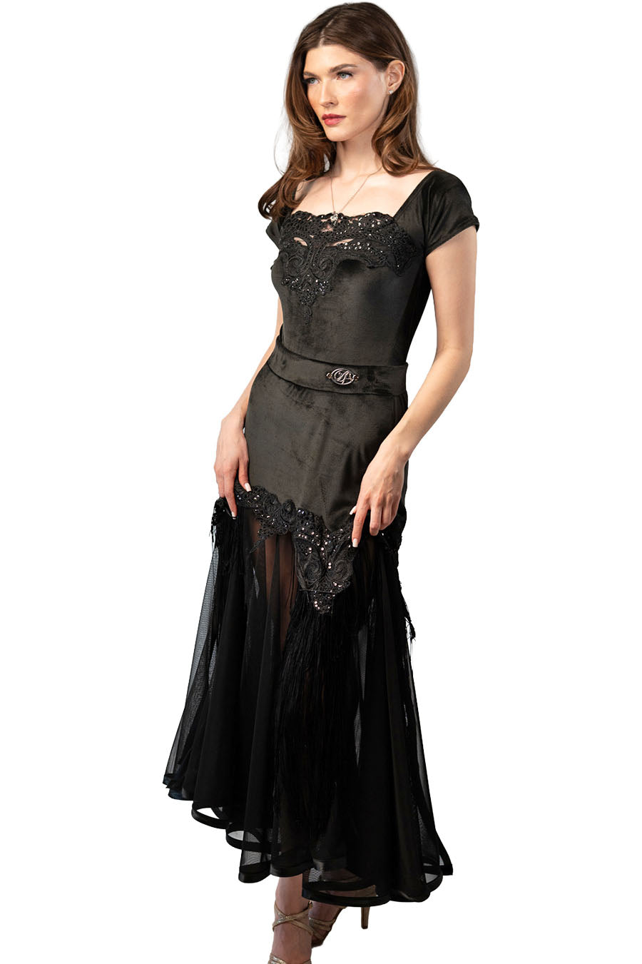 Long Black Velvet Skirt with Mesh and Sequins Decoration