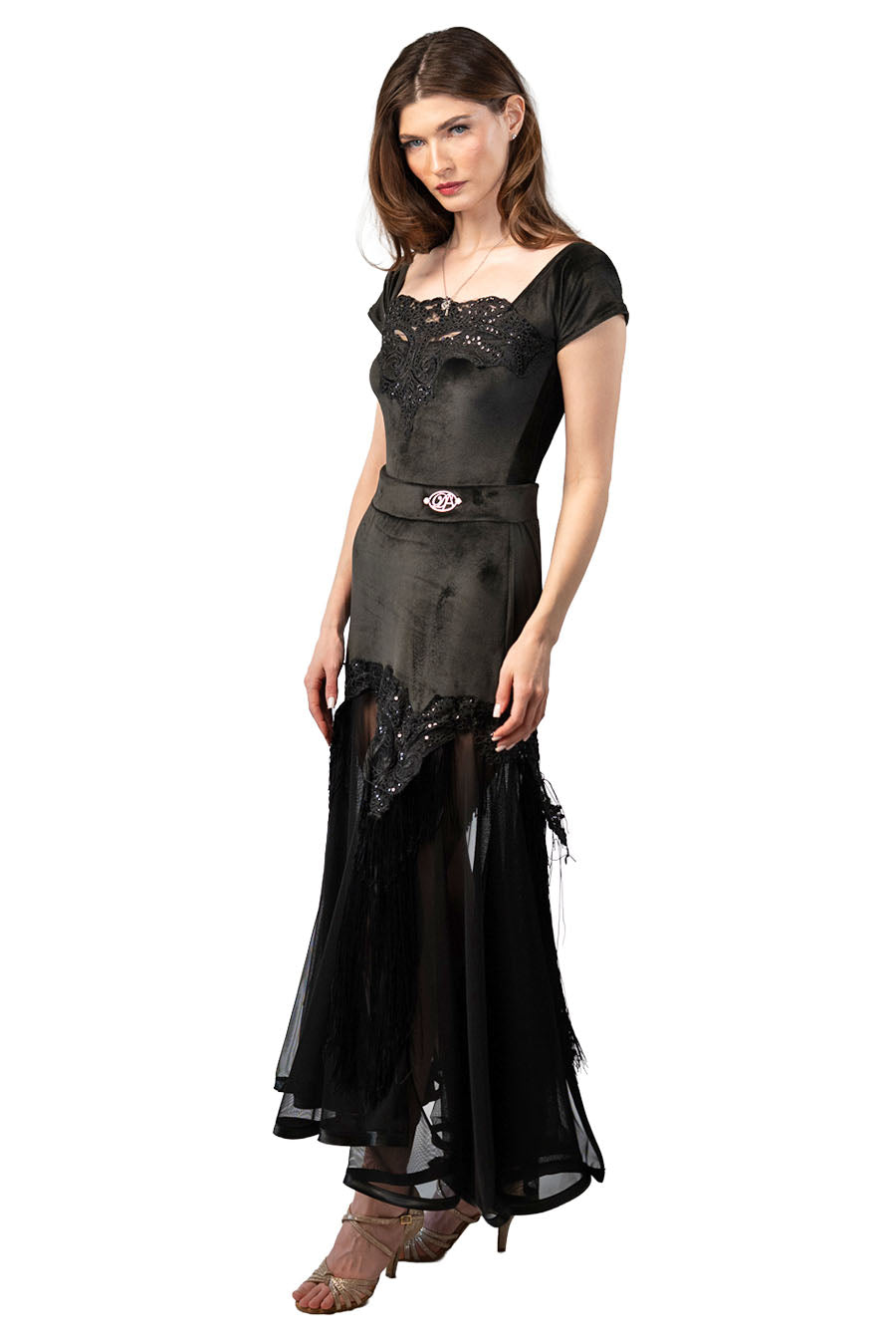 Long Black Velvet Skirt with Mesh and Sequins Decoration