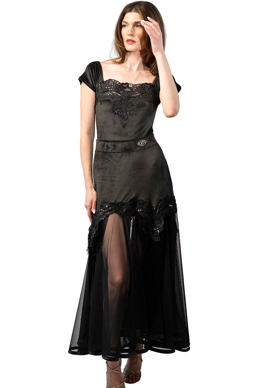Long Black Velvet Skirt with Mesh and Sequins Decoration