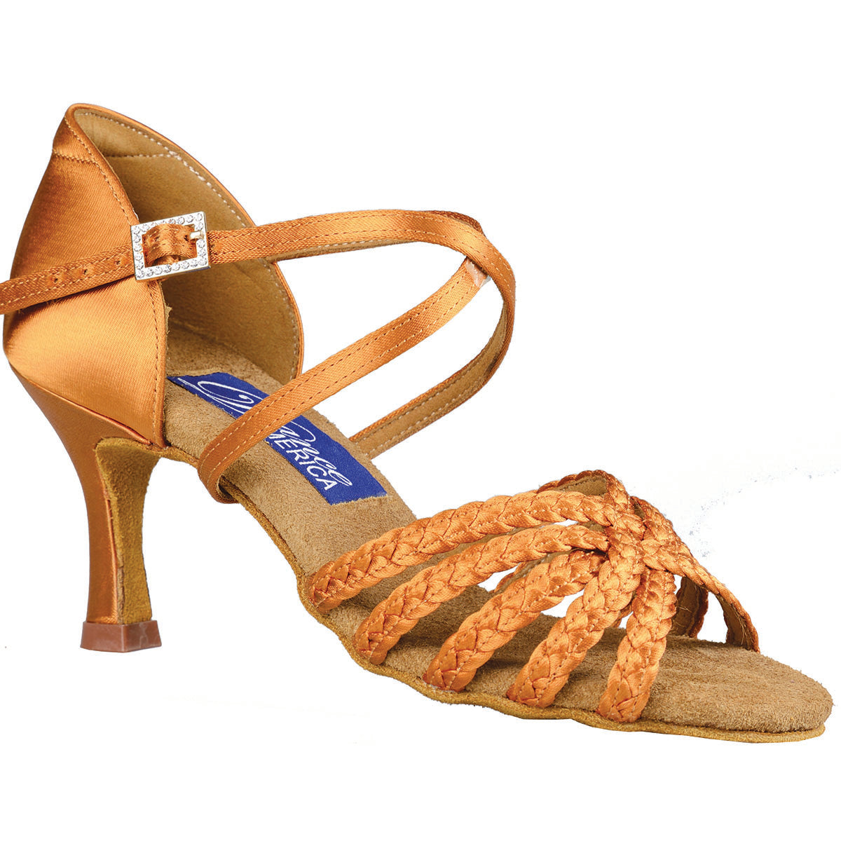 Miami  Expertly crafted for dancers, Miami ballroom dance shoes feature stylish braided straps that not only add flair but also provide optimal stretching for a comfortable fit. Perfect for those long nights on the dance floor. Comfort Fit pictured 2.5"flare heel  tan satin